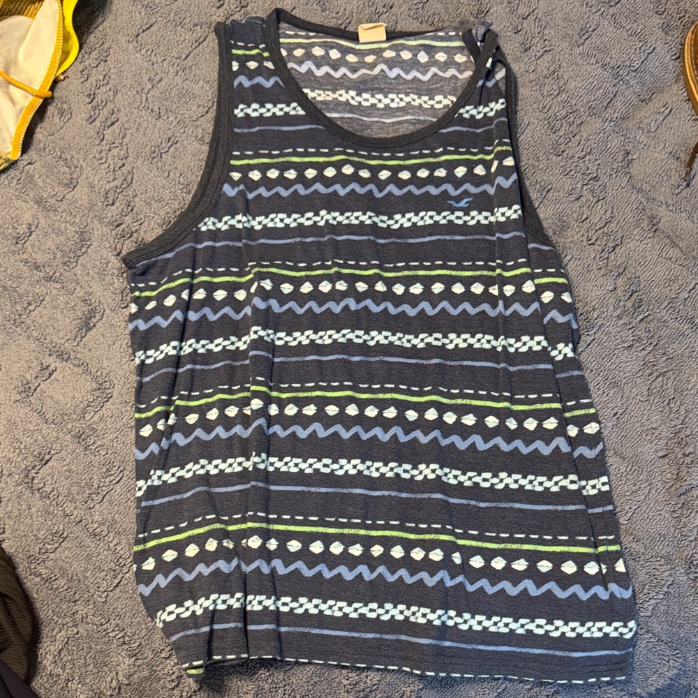 Hollister Sleeveless Knit Tank Top - Navy with Blue & Lime Stripes